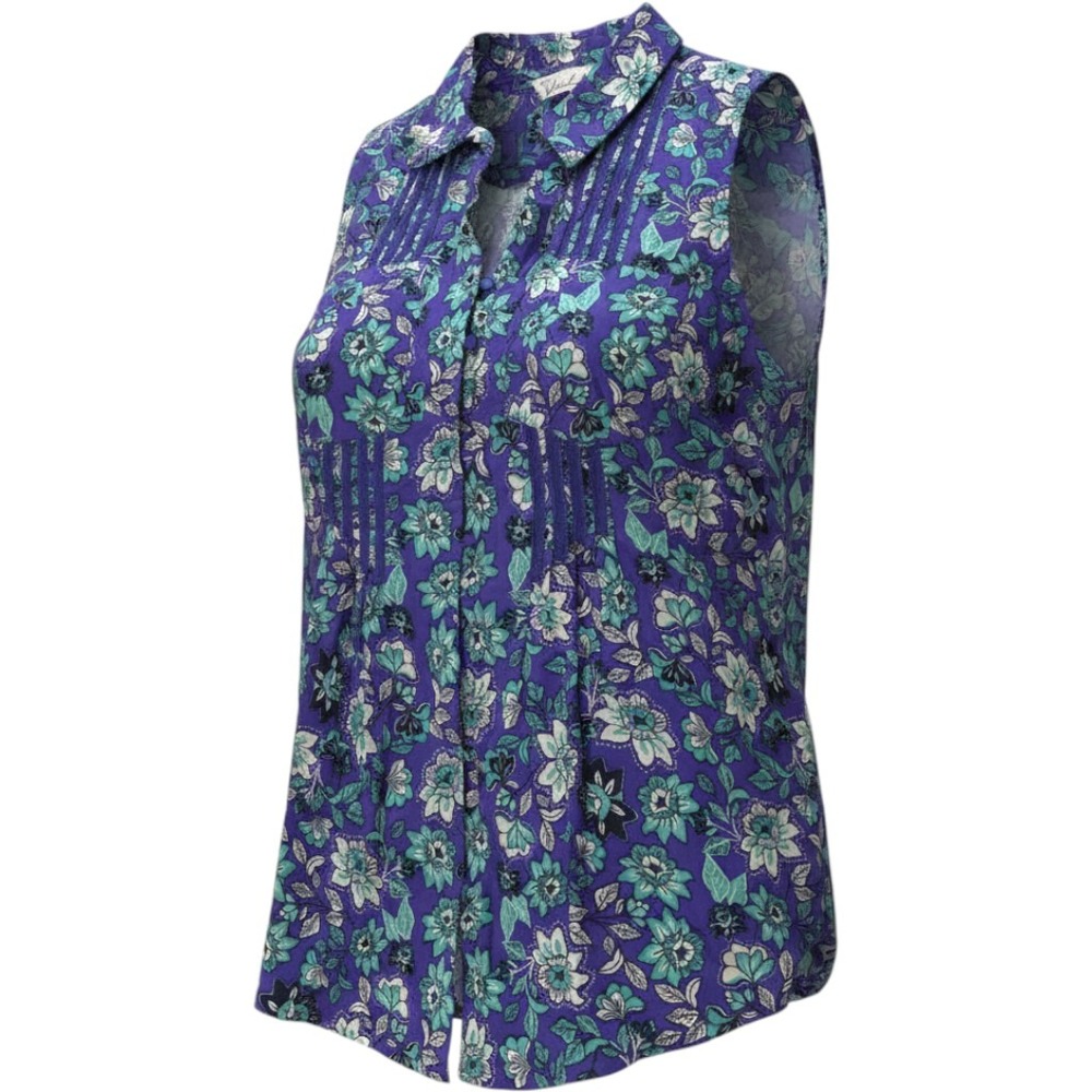 Caffe Marrakesh Purple Teal Floral Pintuck Lace Sleeveless Button Down Blouse S